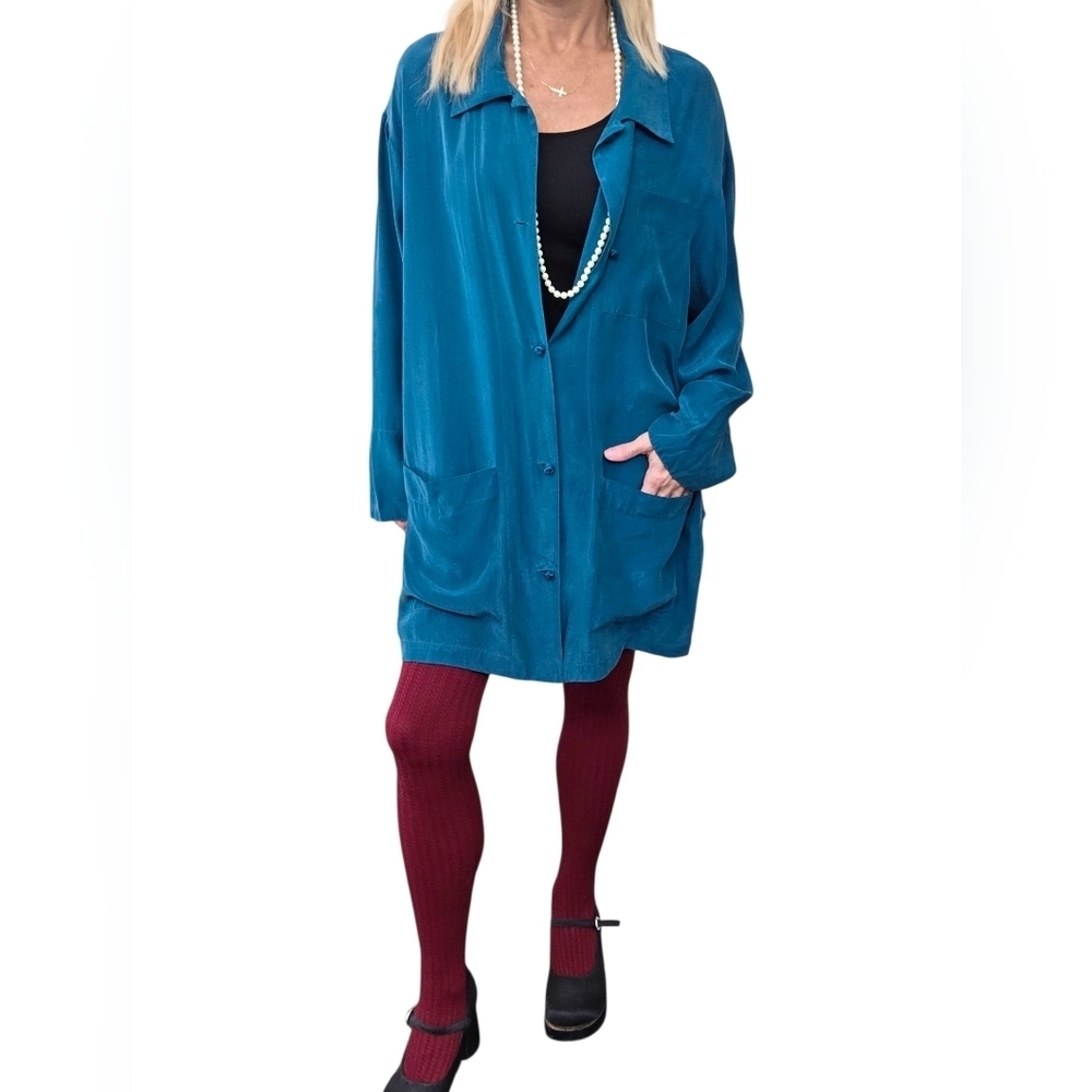 Vintage 90s Carole Little 100% Silk Teal Oversized Shirt Jacket